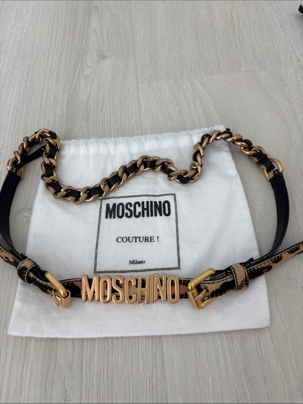 Moschino Black and Gold leopard Chain-Link Logo Belt
